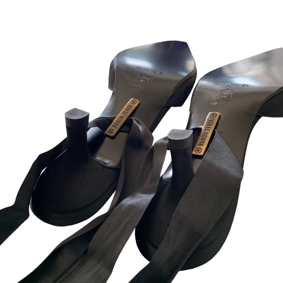 RAMON TENZA BLACK SATIN POINTY TOE KITTEN HEEL SHOE WITH ANKLE RIBBON - Picture 12 of 15